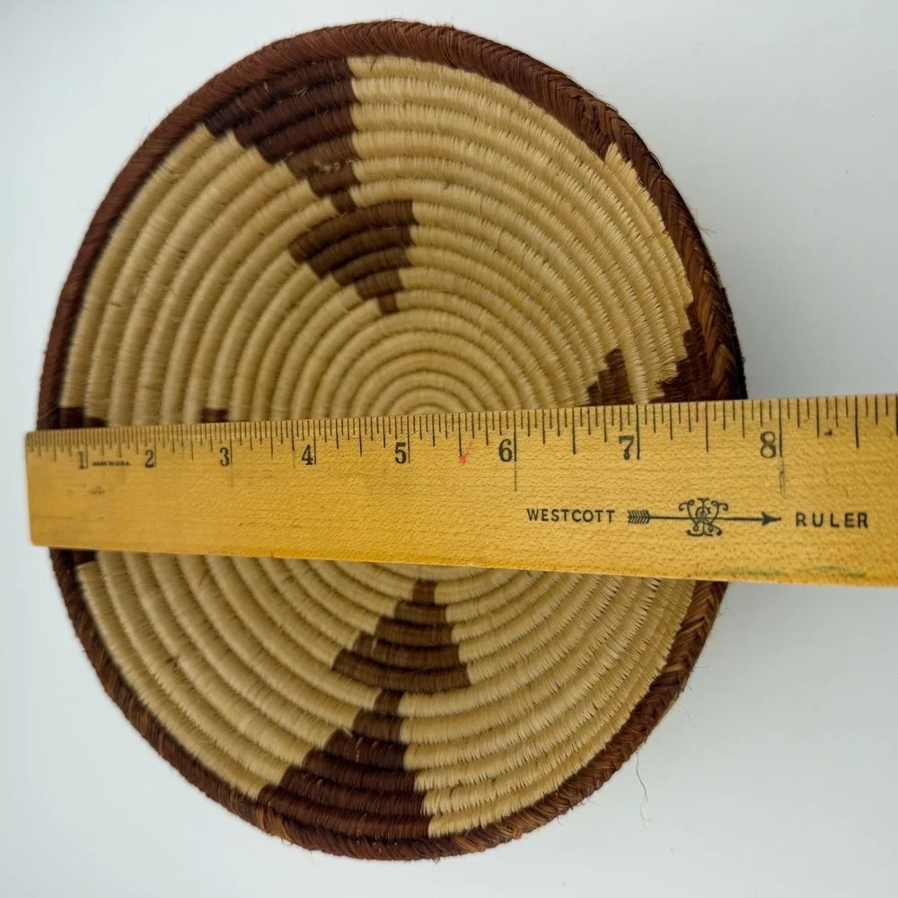 Woven Coiled Basket Bowl 8in Brown Beige Excellent Geometric Boho